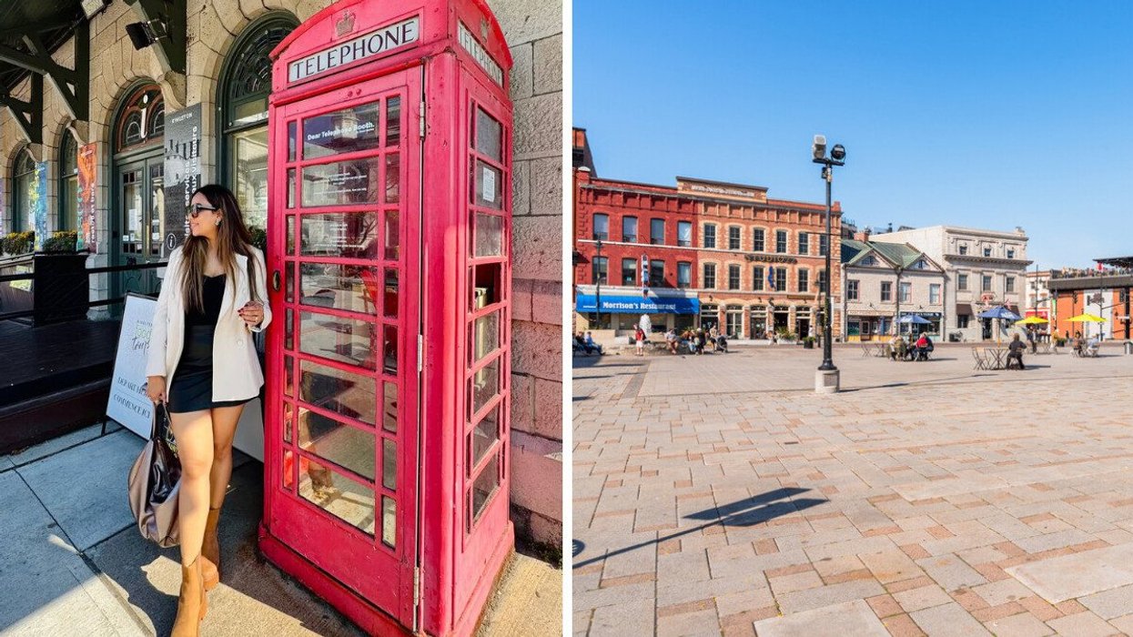 A person standing by a red telephone booth. Right: a historic square.