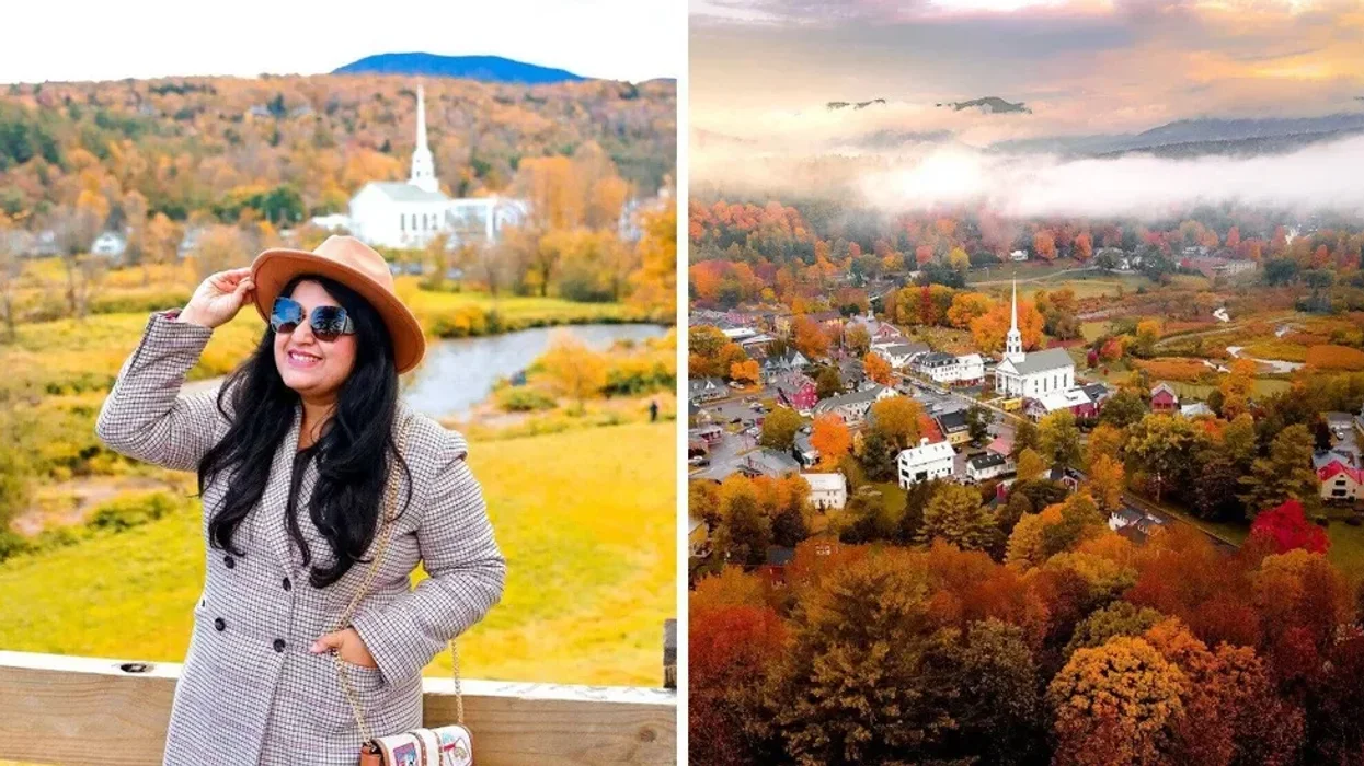 A person standing by a village. Right: A village surrounded by fall foliage.