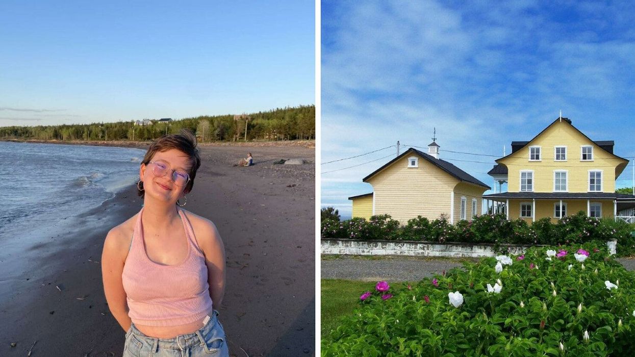 A person standing on a beach. Right: A yellow house.