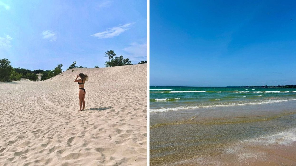 A person standing on a sandy beach. Right: A beach in Ontario.