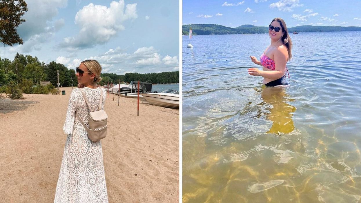 A person standing on a sandy beach. Right: A person swimming.