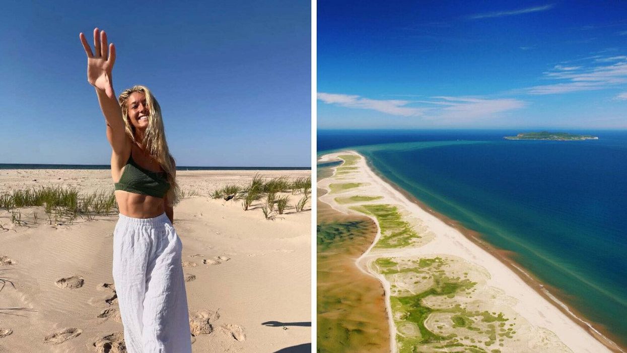 A person standing on a sandy beach. Right: An aerial view of a beach.