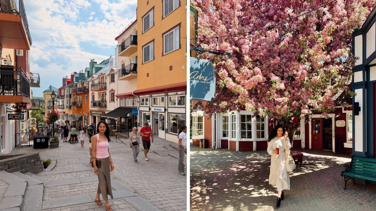 A person standing on a street with colourful buildings. Right: A person standing by a flowering tree.