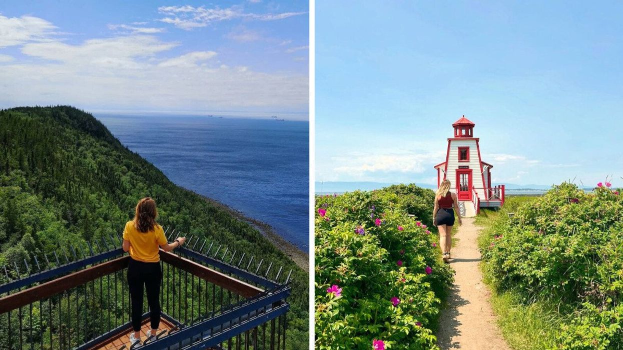 A person stands at a lookout in a national park in Quebec. Right: A person walks by a lighthouse in Quebec.