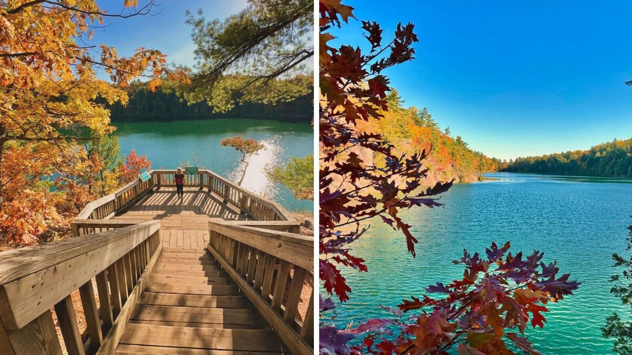 A person stands at a lookout over a turquoise lake near Montreal. Right: A turquoise lake in a park near Montreal. 