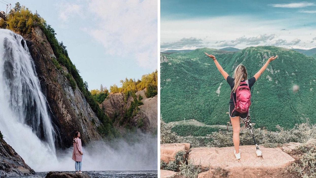 A person stands at the base of Montmorency Falls in Quebec's Parc de la Chute-Montmorency. Right: A person hikes in Quebec's Parc national de la Gaspésie.