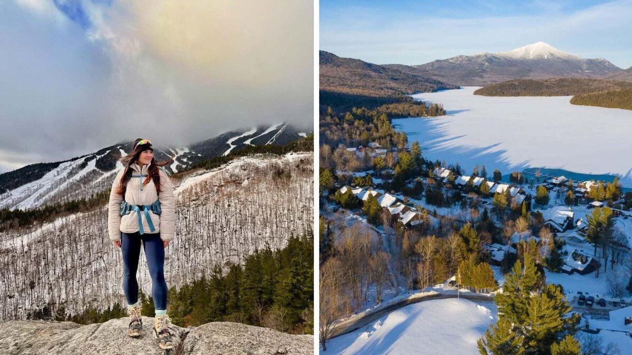 A person stands by a mountain in a village near Montreal. Right: A frozen lake by a village near Montreal.