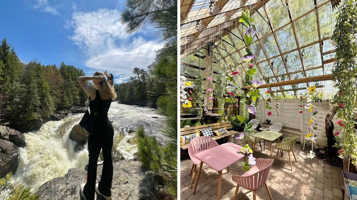 A person stands by a waterfall in Quebec. Right: A cafe in Quebec.