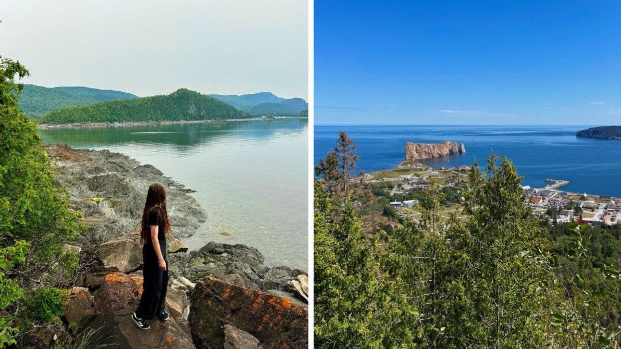 A person stands by the water in a small town in Quebec. Right: An aerial view of a seaside village in Quebec. 