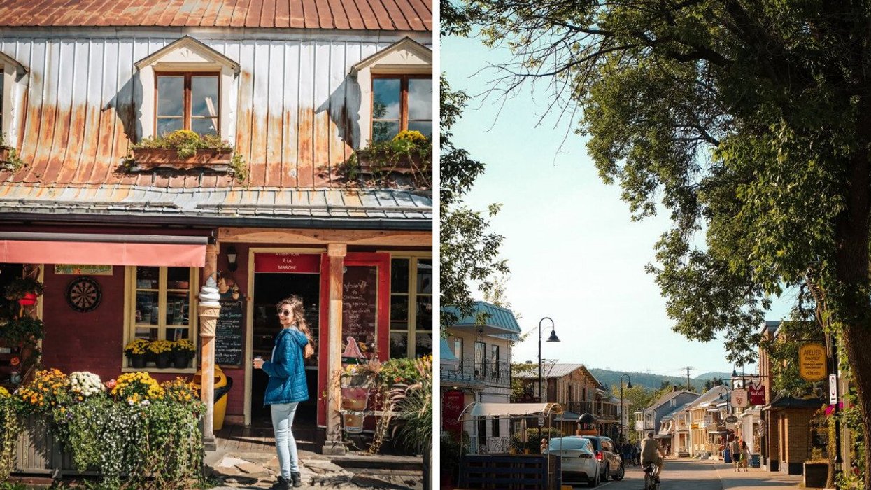 A person stands in front of a store in a city in Quebec. Right: A street in a city in Quebec.