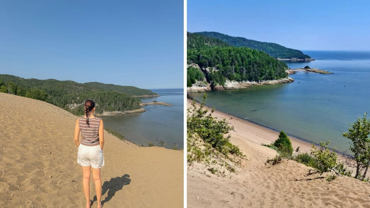 A person stands on a beach in a village in Quebec. Right: Dunes at a beach in a village in Quebec.