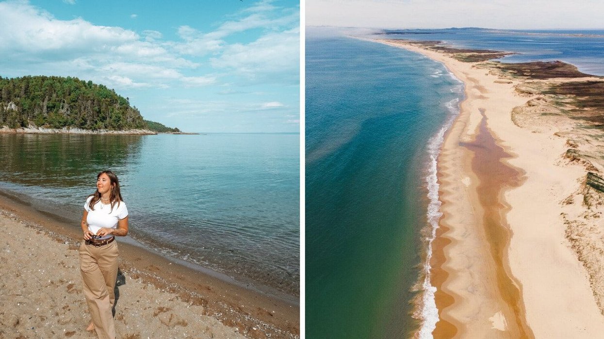 A person stands on a beach in Quebec. Right: A blue-water beach with white sand in Quebec.