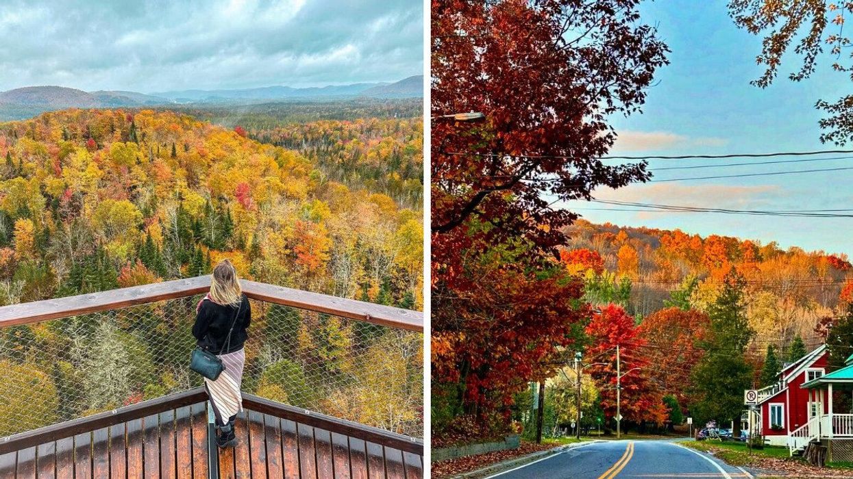 A person stands on a lookout in Quebec. Right: A small town in Quebec in fall. 