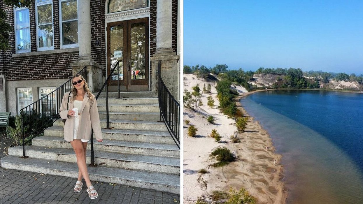A person stands on a street in a small town in Ontario. Right: A beach in Ontario.