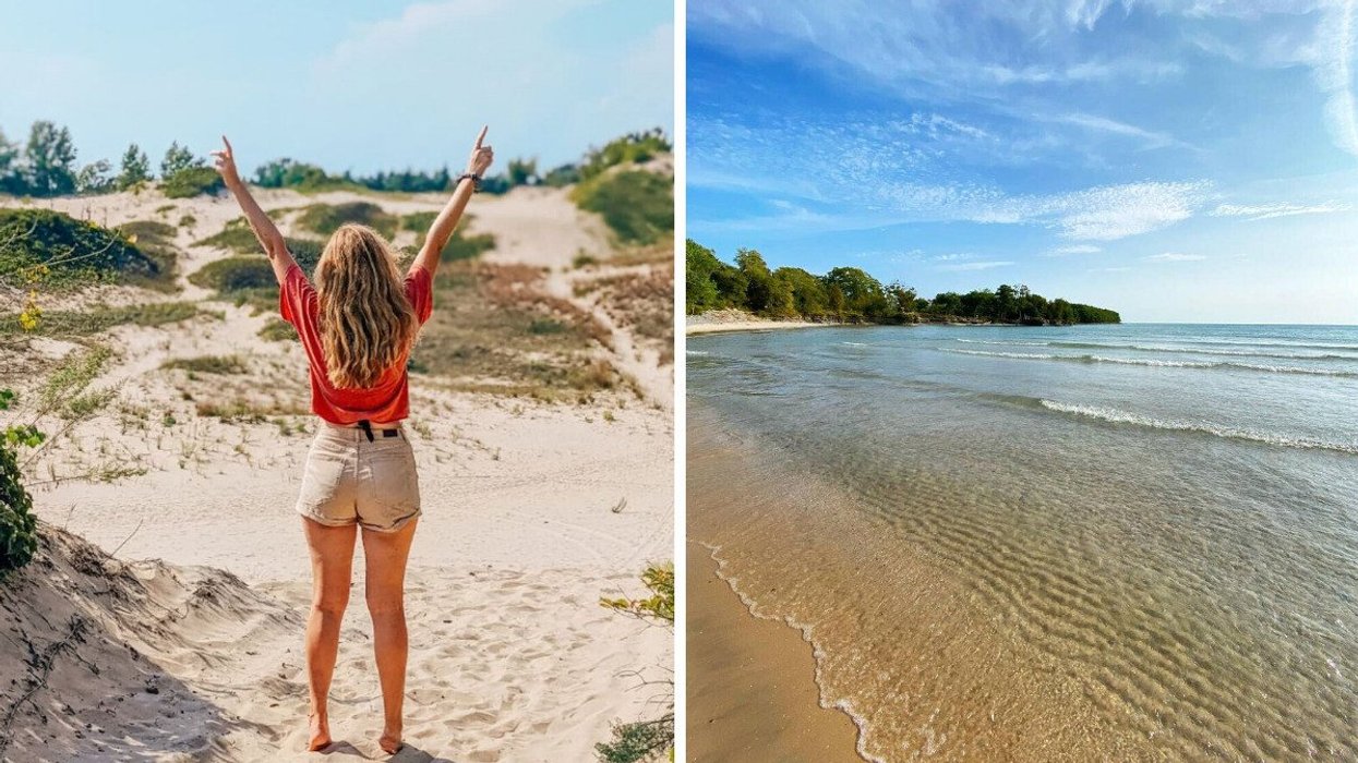 A person stands on a white-sand beach in Ontario. Right: Turquoise waves at a beach in a small town in Ontario.