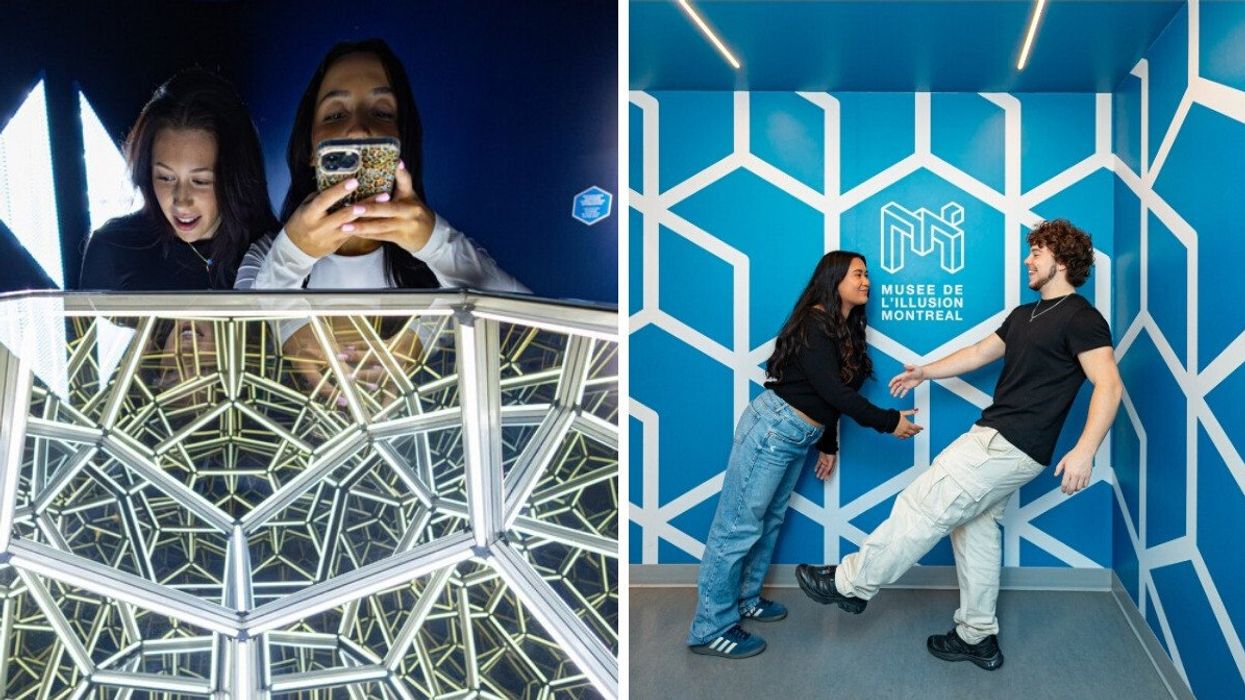 A person takes a photo of an illusion installation. Right: A couple in an optical illusion room at the Museum of Illusions Montreal.