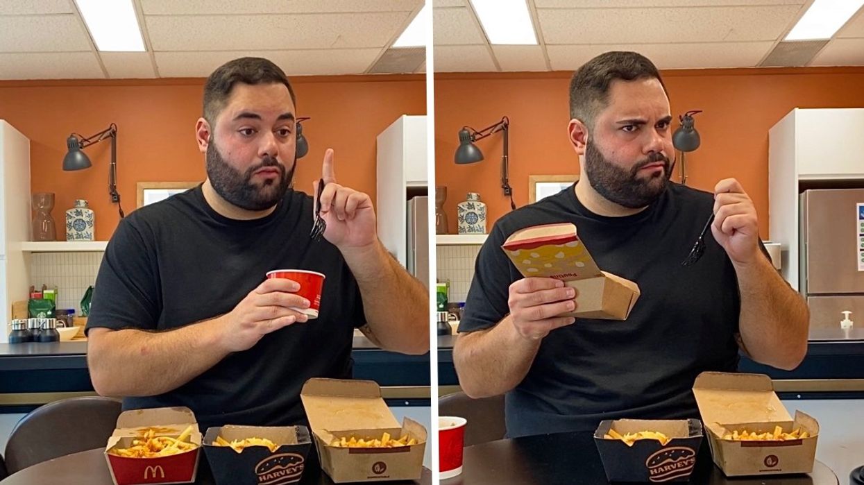 A person testing out four different fast food poutines from McDonald's, Wendy's, Harvey's, and A&W.