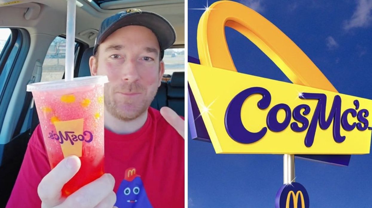 A person trying a drink from the new McDonald's CosMc's restaurant. Right: The McDonald's CosMc's sign.