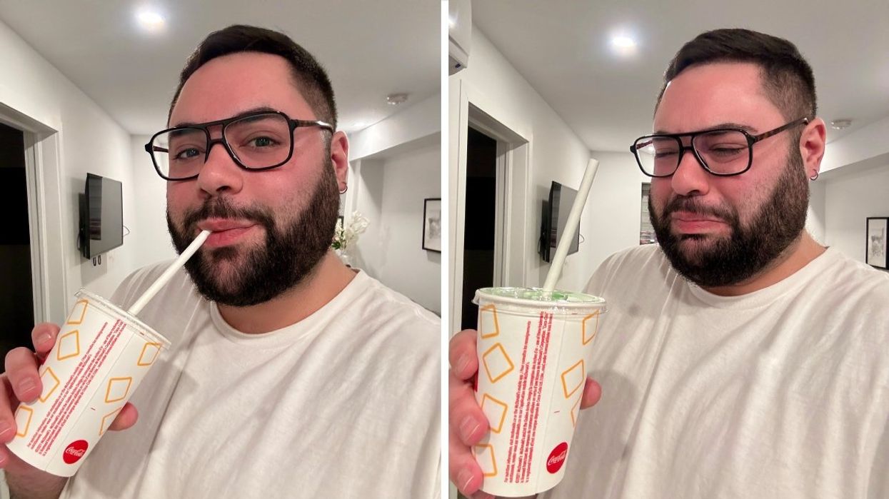 A person trying McDonald's Shamrock Shake and reacting to the taste.