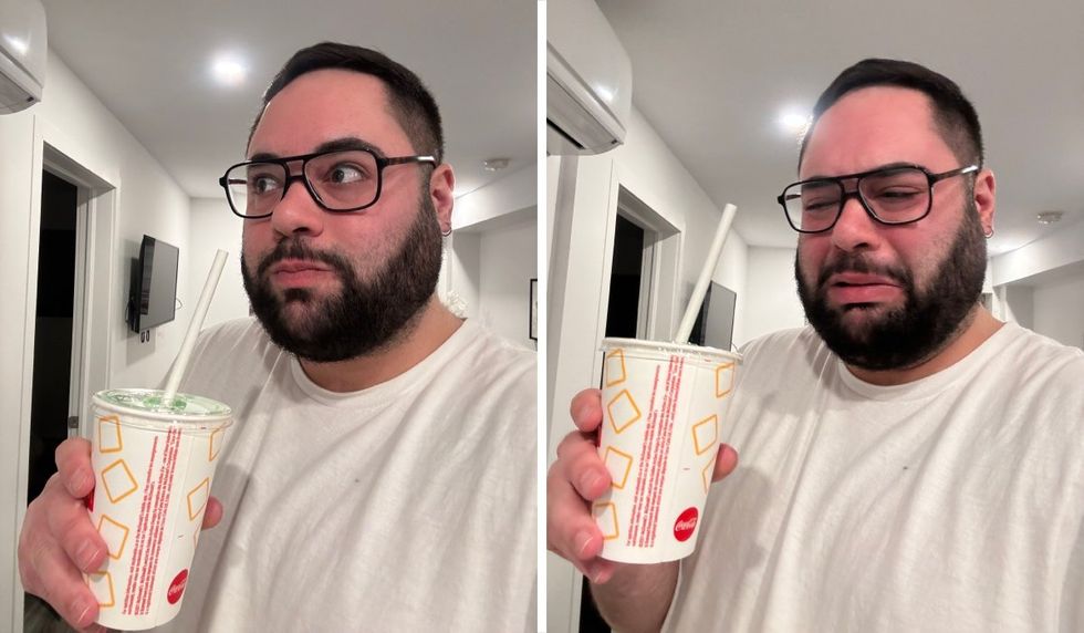 A person trying McDonald's Shamrock Shake and reacting to the taste.