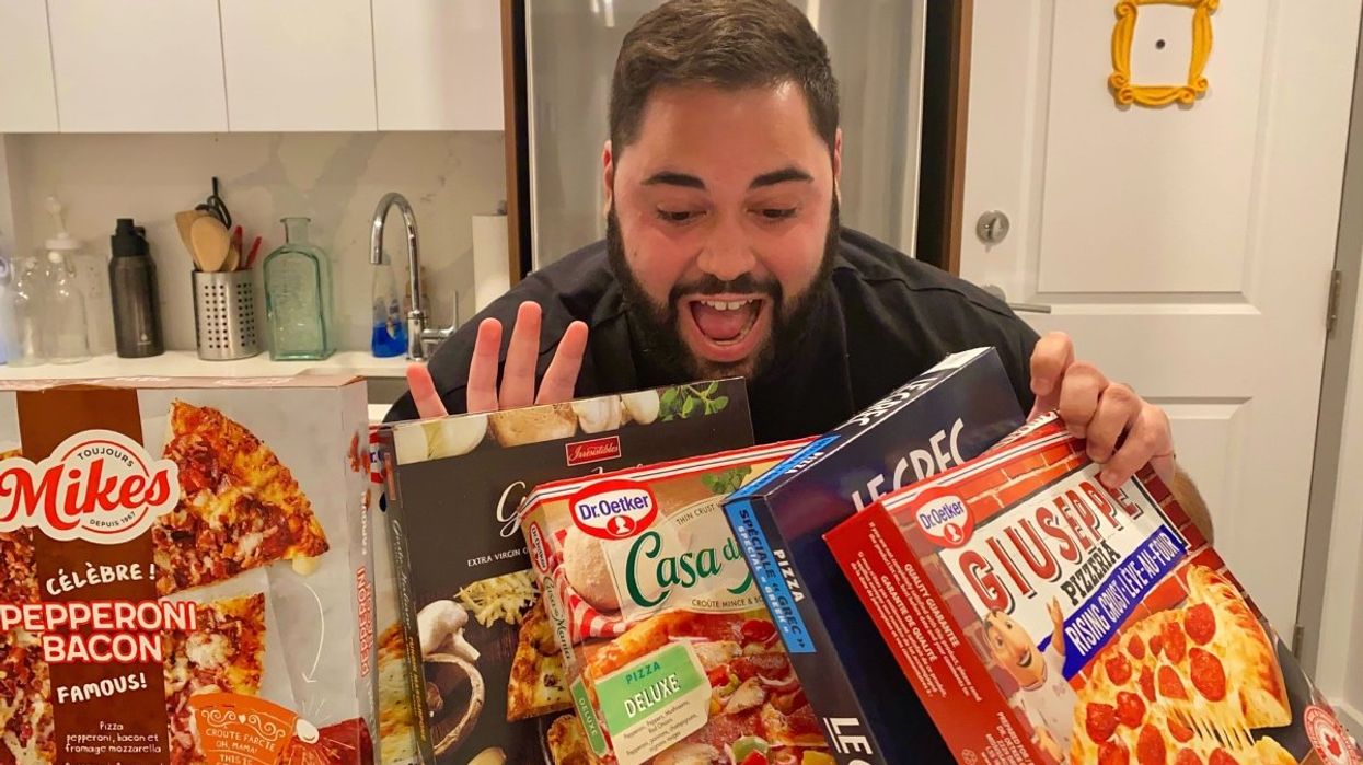 A person trying nine different frozen pizzas of various brands sold across Quebec grocery stores.