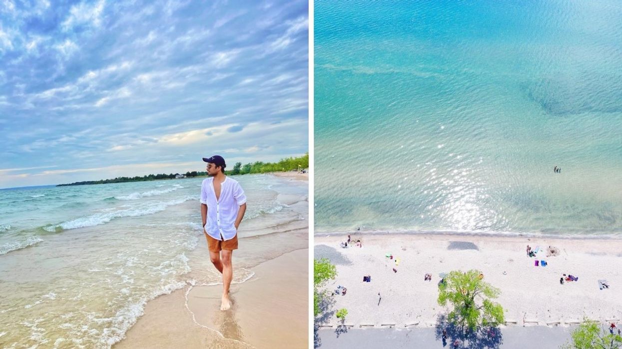 A person walking alongside a beach in Ontario. Right: An aerial view of the North Beach Provincial Park.