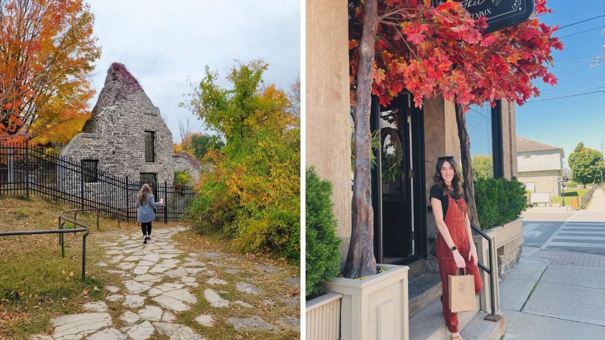 A person walking by ruins. Right: A person by a store.