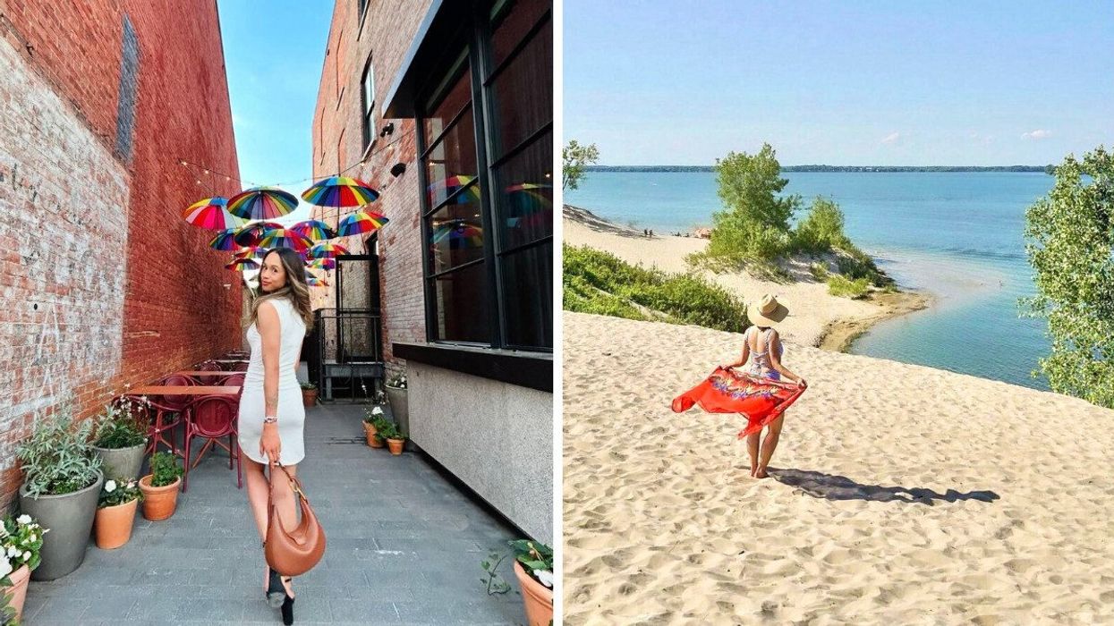 A person walking through an alley. Right: A person on a beach.