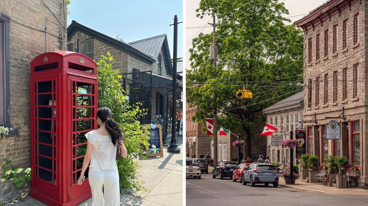 A person walks by a red phone booth in a small town in Ontario. Right: The streets of a small town in Ontario.