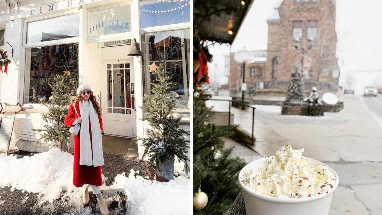 A person walks in a Christmas town near Montreal. Right: A hot drink in a small town near Montreal.