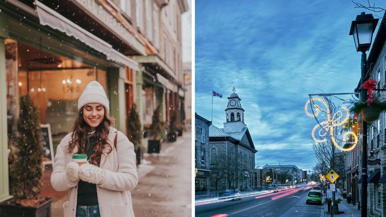 A person walks in a small town. Right: A small town in winter with holiday lights. 