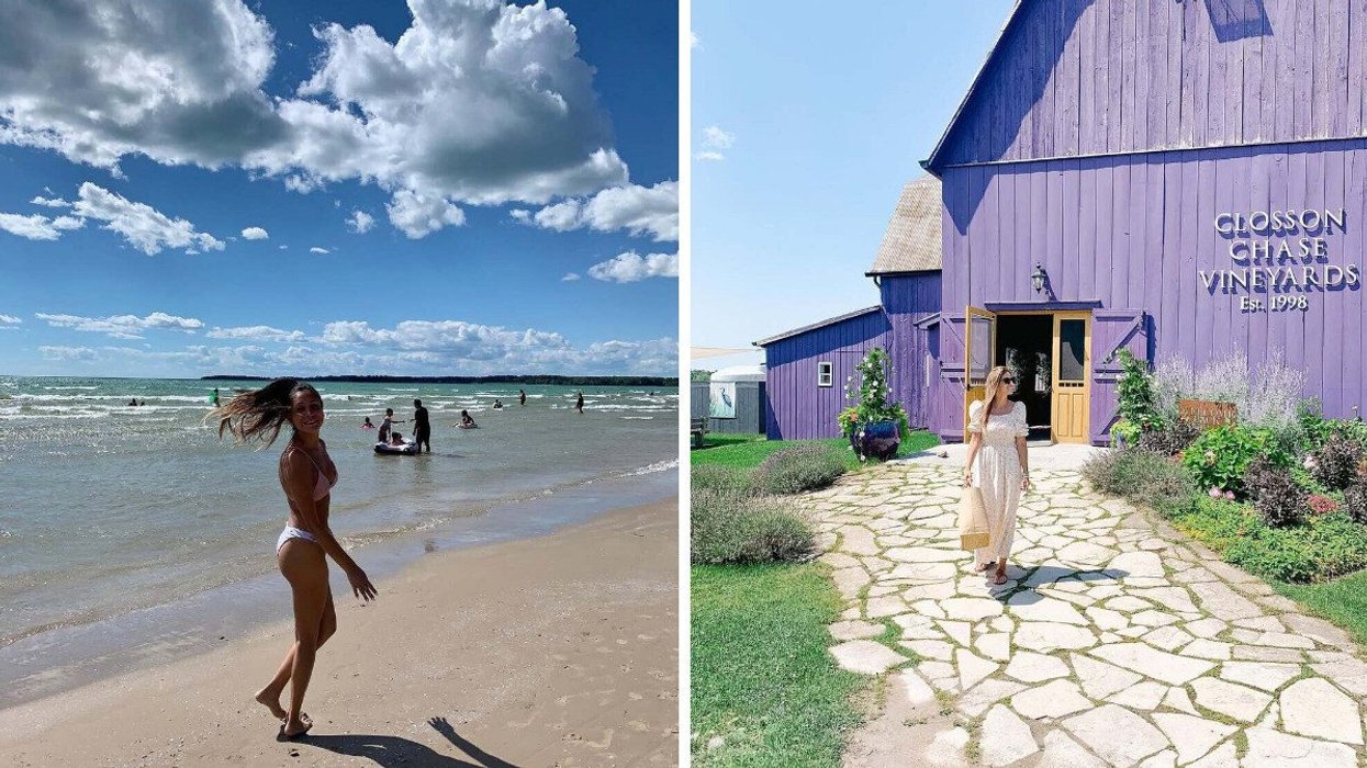 A person walks on a beach in a town near Montreal. Right: A vineyard in a small town near Montreal.