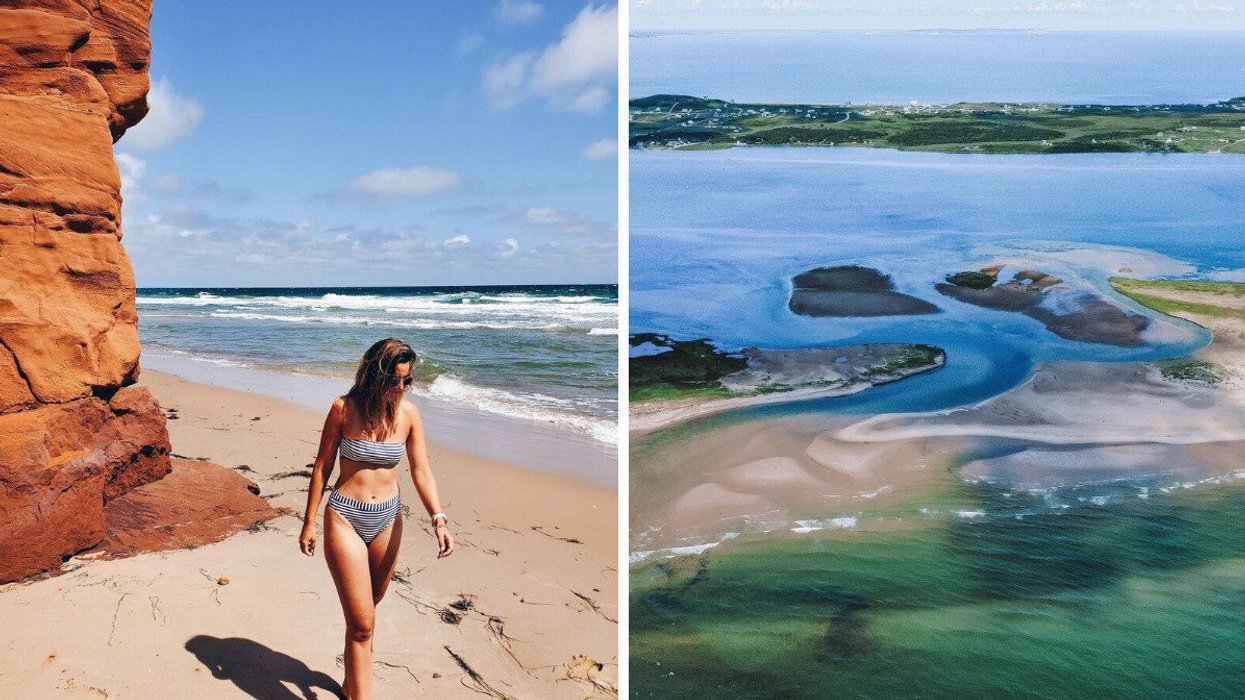 A person walks on a beach in Quebec. Right: A beach on an island in Quebec.