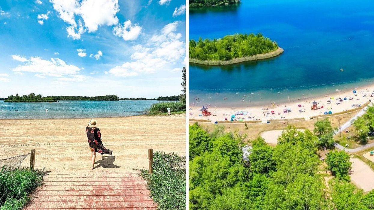 A person walks on a beach in Quebec. Right: A sandy beach near Montreal.