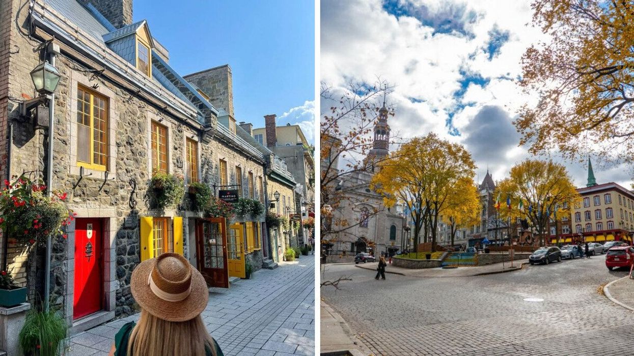 A person walks on a cobblestone street in Quebec. Right: Buildings surrounded by fall colours in Quebec.