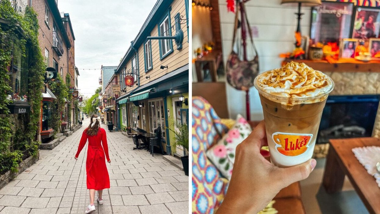 A person walks through a city in Quebec. Right: A person holds a drink at a cafe in Quebec. 