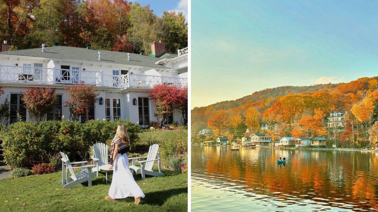 A person walks through a garden in a small town in Quebec. Right: Fall colours on a lake in a small town in Quebec.