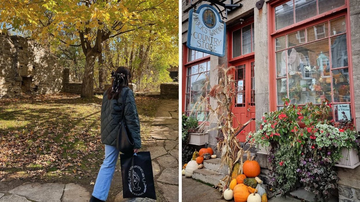 A person walks through a small town near Montreal. Right: Fall decor on a storefront in a village near Montreal.