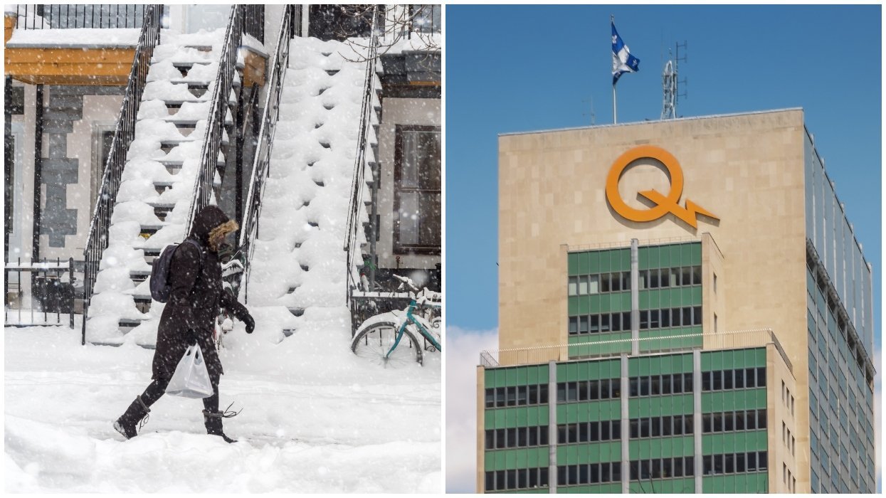 A person walks through snow in Montreal. Right: Hydro-Québec office.