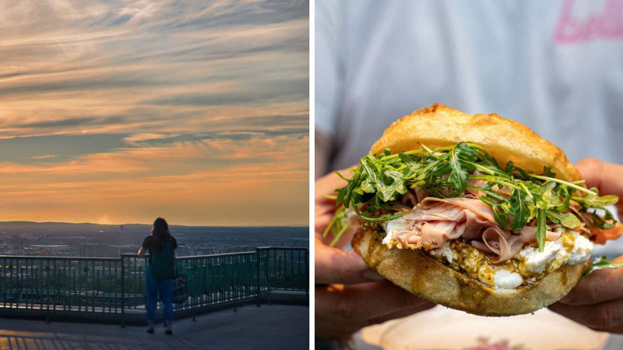 A person watches the sunset over Saint Joseph's oratory on Mount Royal in Montreal, Quebec. Right: Someone holds a sandwich from Bella Sandwicheria.