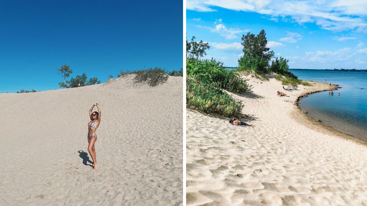 A person wearing a bathing suit and sunglasses stands on a large sand dune. Right: White sands and turquoise waters at a beach within driving distance of Montreal.