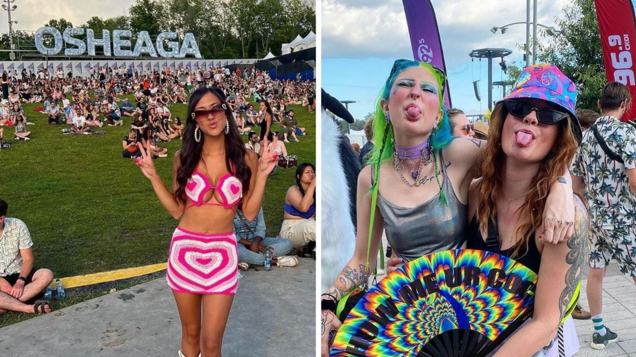 A person wearing a matching pink two piece set at Osheaga, Right: Two people posing at the Osheaga music festival wearing a lot of neon.