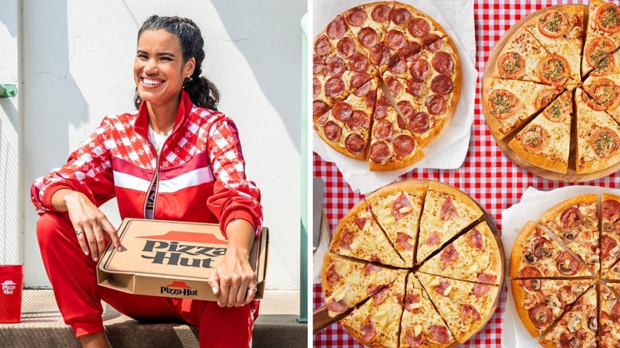 A person wearing a red track suit holding a Pizza Hut pizza box. Right: Four sliced pizzas from Pizza Hut on top of a plaid picnic tablecloth.