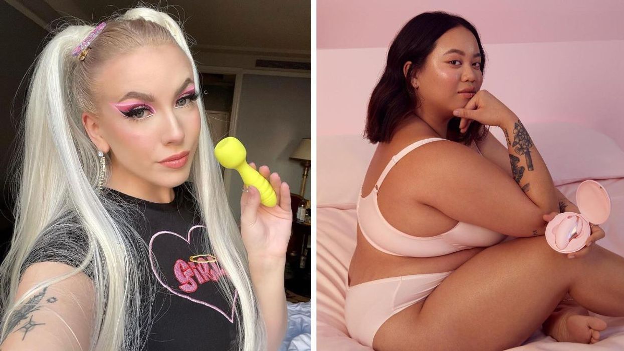 A person with long blond pigtails and a black shirt holds a small yellow vibrator. Right: A person wearing pink lingerie holds a sex toy in a case.