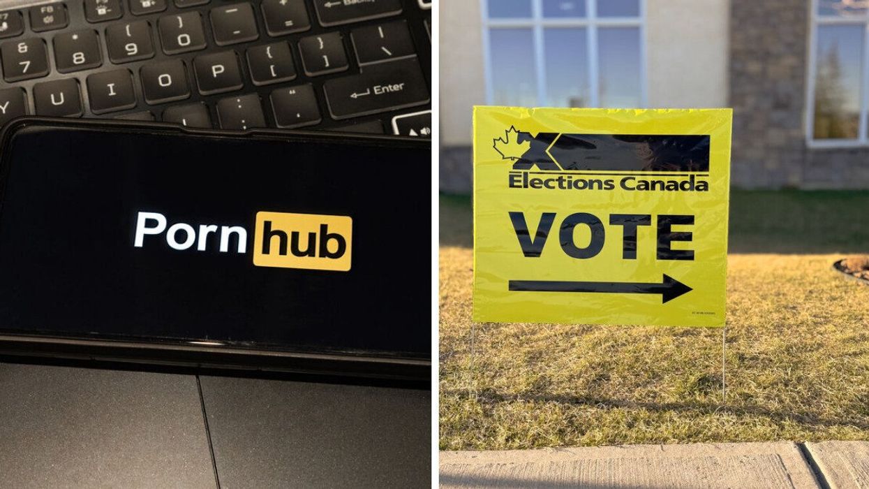 A phone displaying the Pornhub logo. An Elections Canada sign outside a polling station.