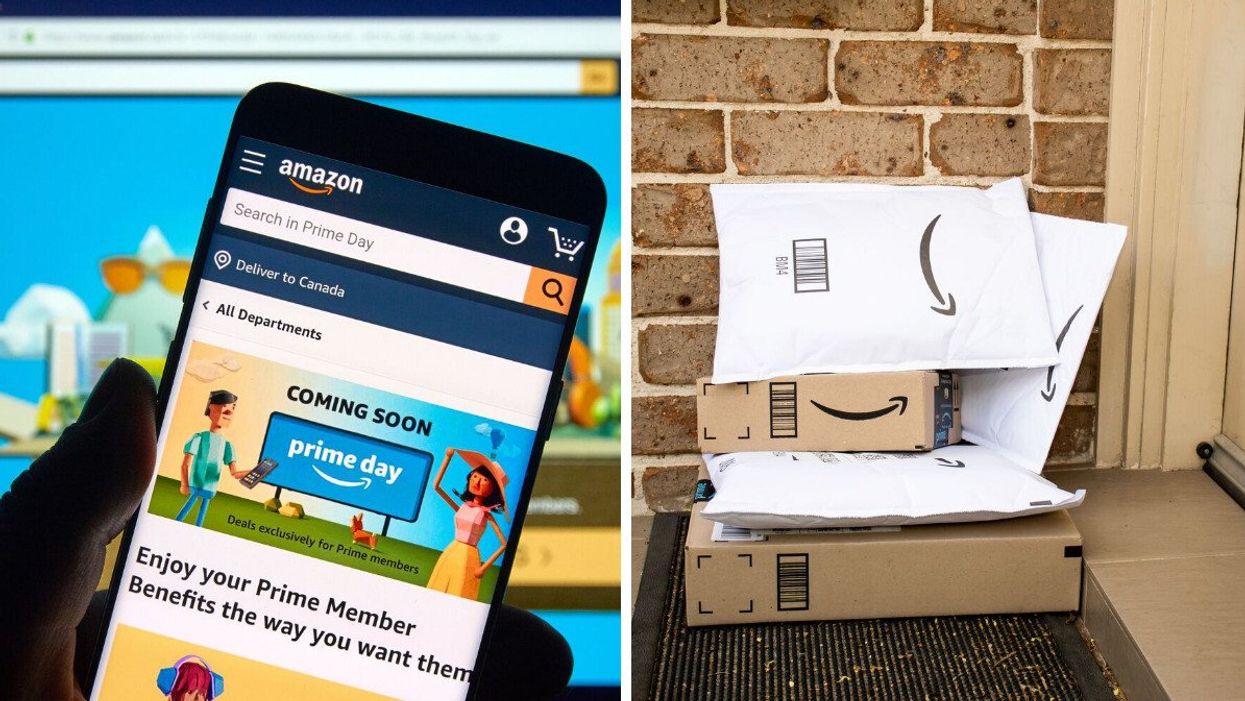 A phone screen open to the Prime Day page on the Amazon app. Right: A pile of Amazon packages on a doorstep (illustrative).