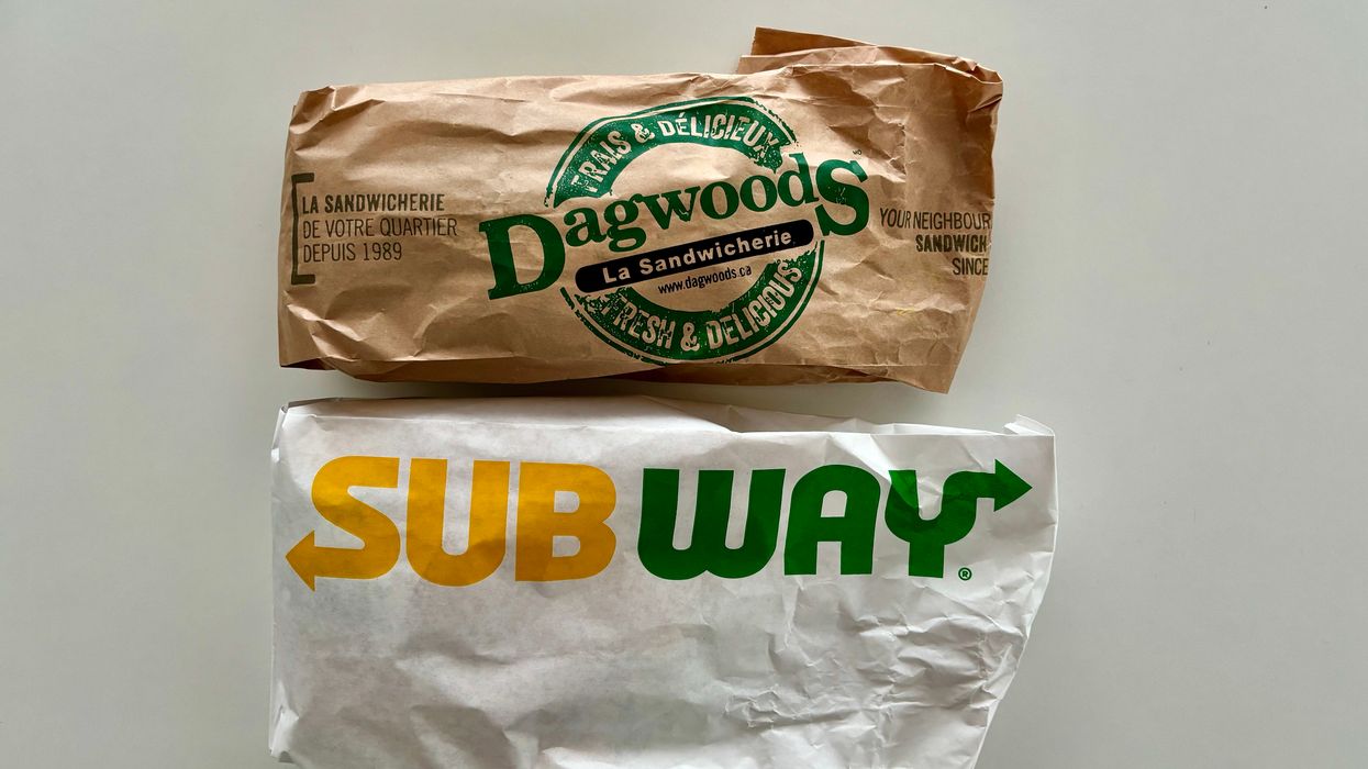 A photo of a Subway sandwich and Dagwoods sandwich in their packaging.