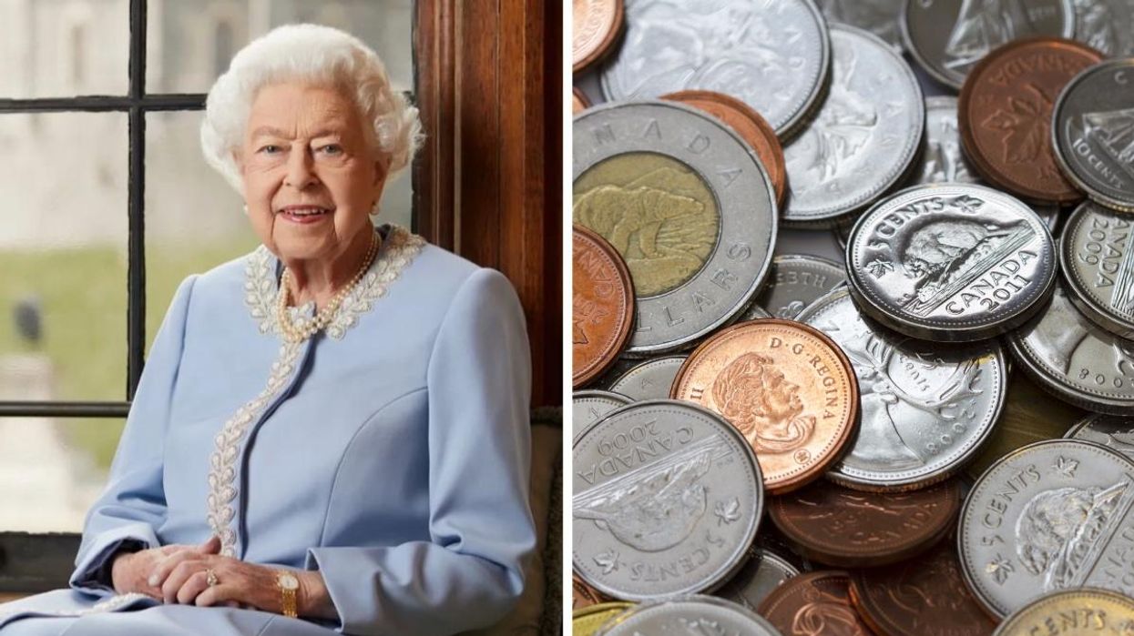A photo of the late Queen Elizabeth II, Right: A pile of Canadian coins.