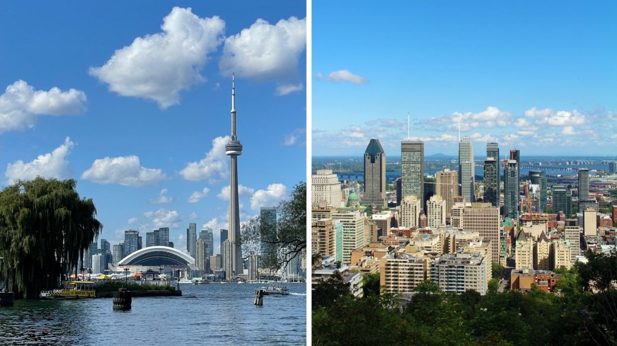A photo of the Toronto skyline taking from the Toronto Islands, Right: A photo of the Montreal skyline taken from the Mont-Royal lookout.
