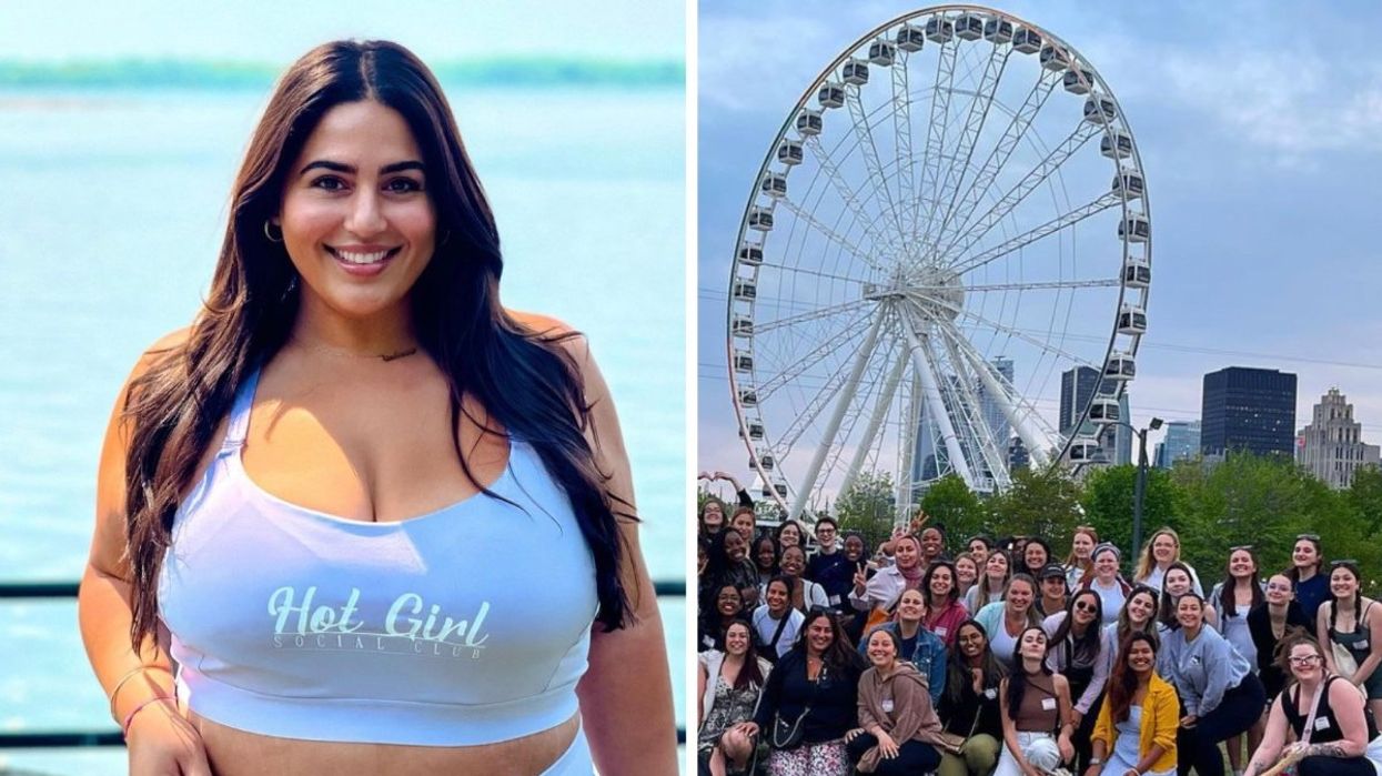 A photo of Valerie Choucroun — founder of Hot Girl Social Club, Right: A group of Hot Girl Social Club members posing in front of the Old Port Ferris wheel.